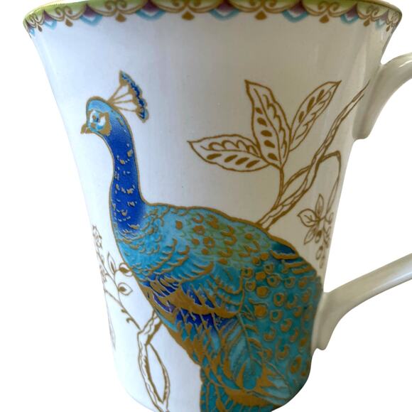 222 Fifth Peacock Garden Porcelain Mug Set of 4 Teal Gold Floral Scroll NEW - Picture 3 of 16